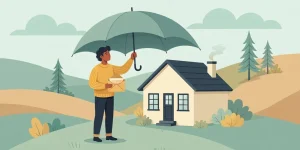 Illustration of a homeowner holding an umbrella over a small hillside house while holding an insurance letter