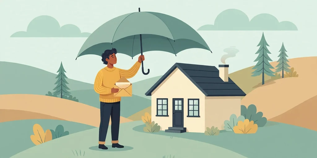 Illustration of a homeowner holding an umbrella over a small hillside house while holding an insurance letter