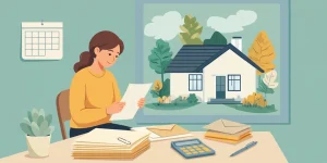 Illustration of a homeowner reviewing a stack of property tax bills at a table with a calendar and calculator, her house visible through the window