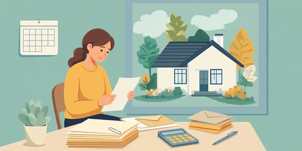 Illustration of a homeowner reviewing a stack of property tax bills at a table with a calendar and calculator, her house visible through the window