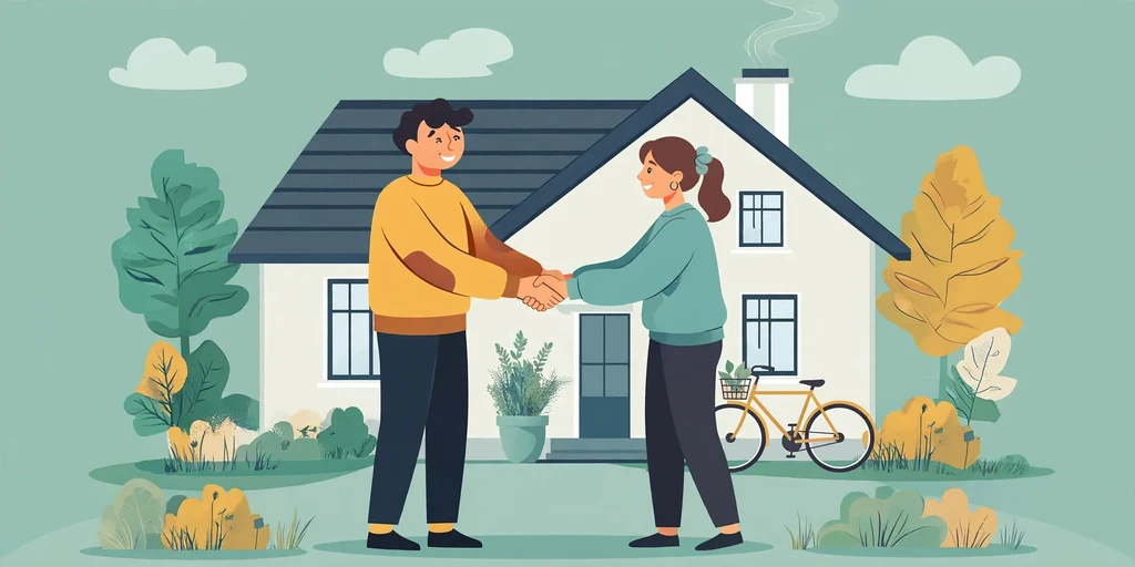 Illustration of a landlord and tenant shaking hands in front of a rental house, with a bicycle by the front door