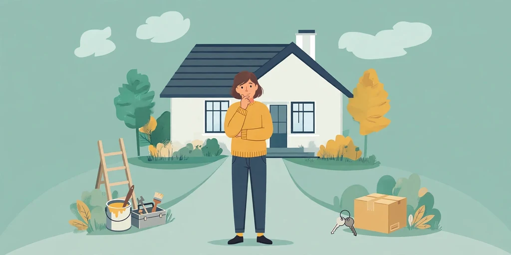 Illustration of a homeowner weighing two paths in front of her house: painting and repairs on one side, keys and a moving box on the other